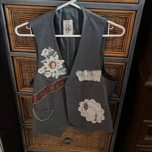 Gray Vest with Lace and Embroidery Accents